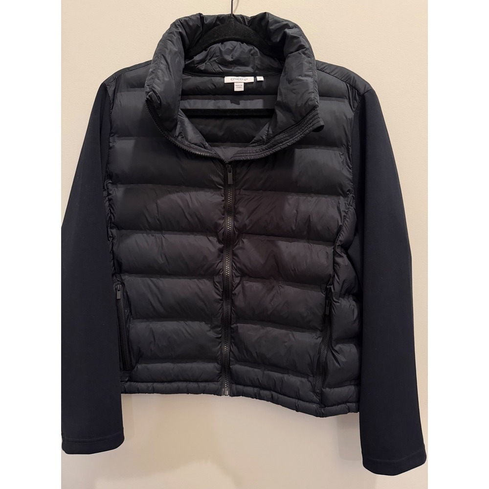 Chico's Black Puffer Jacket Women's Size 3 US 16 Quilted Hooded Coat
